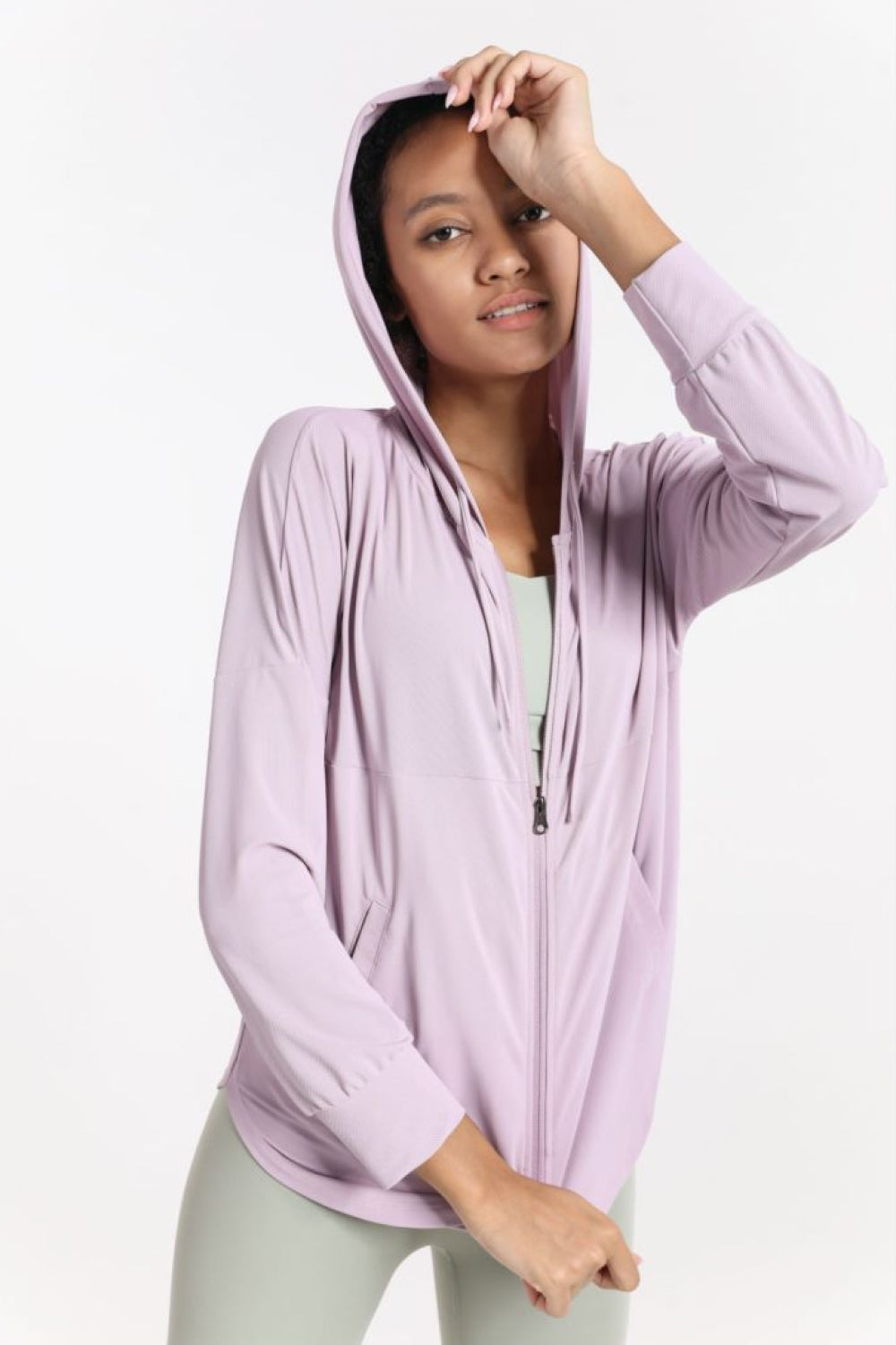 Curved Hem Drawstring Hooded Sports Jacket - Lamoille Yoga