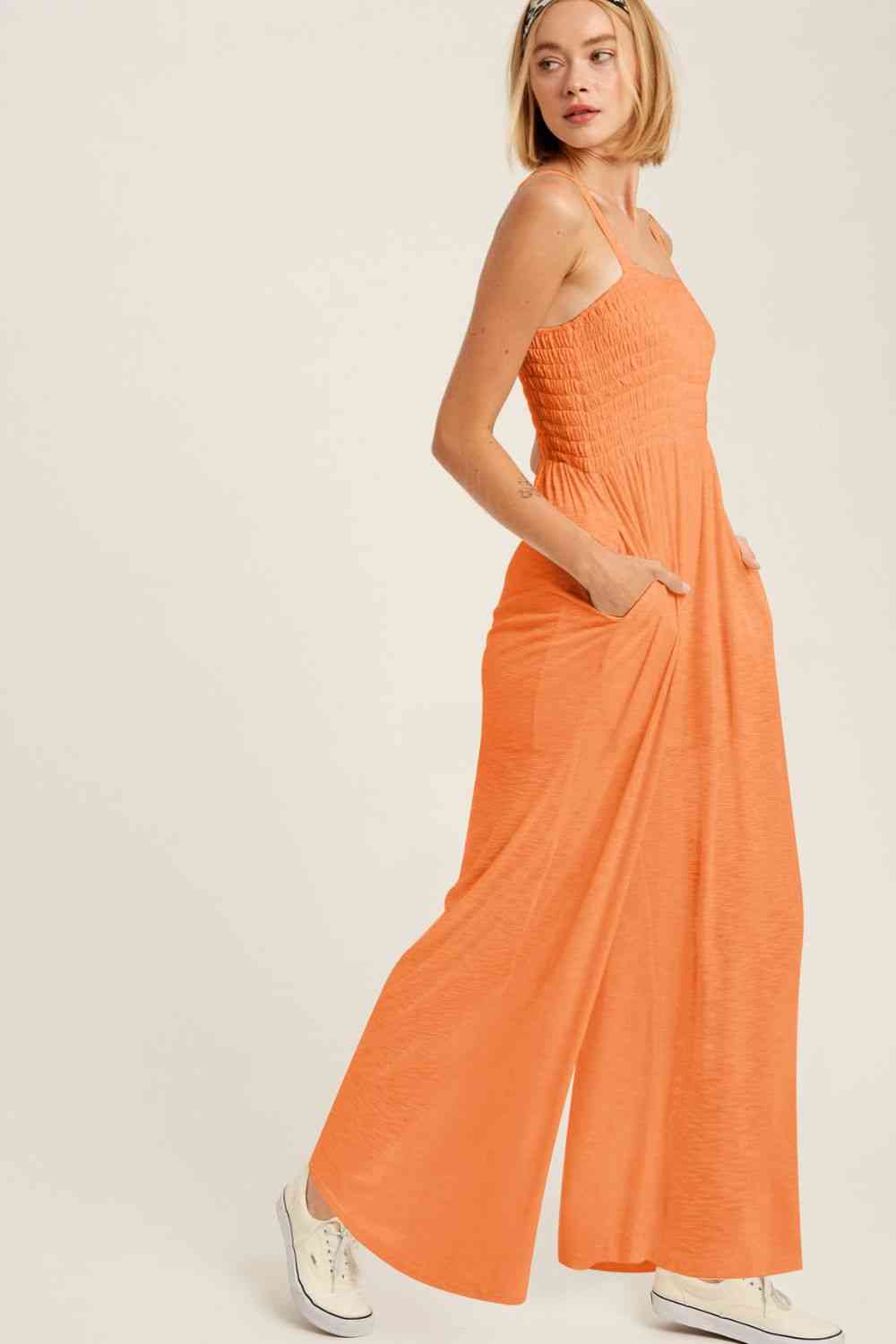 DAYS IN RIO frills smocked neck jumpsuit