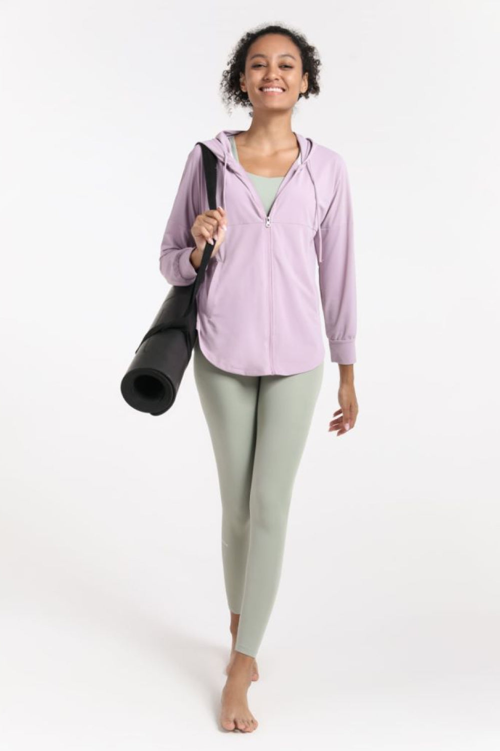 Curved Hem Drawstring Hooded Sports Jacket - Lamoille Yoga