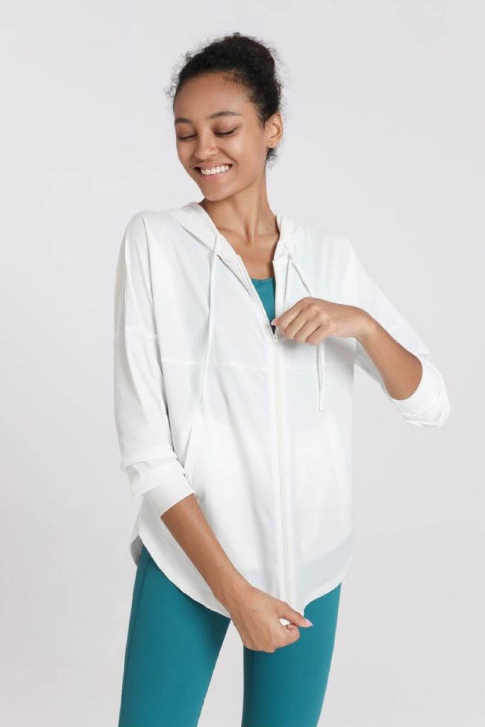 Curved Hem Drawstring Hooded Sports Jacket - Lamoille Yoga