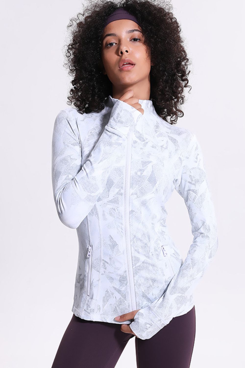 Printed Zip Up Thumbhole Sleeve Sports Jacket - Lamoille Yoga