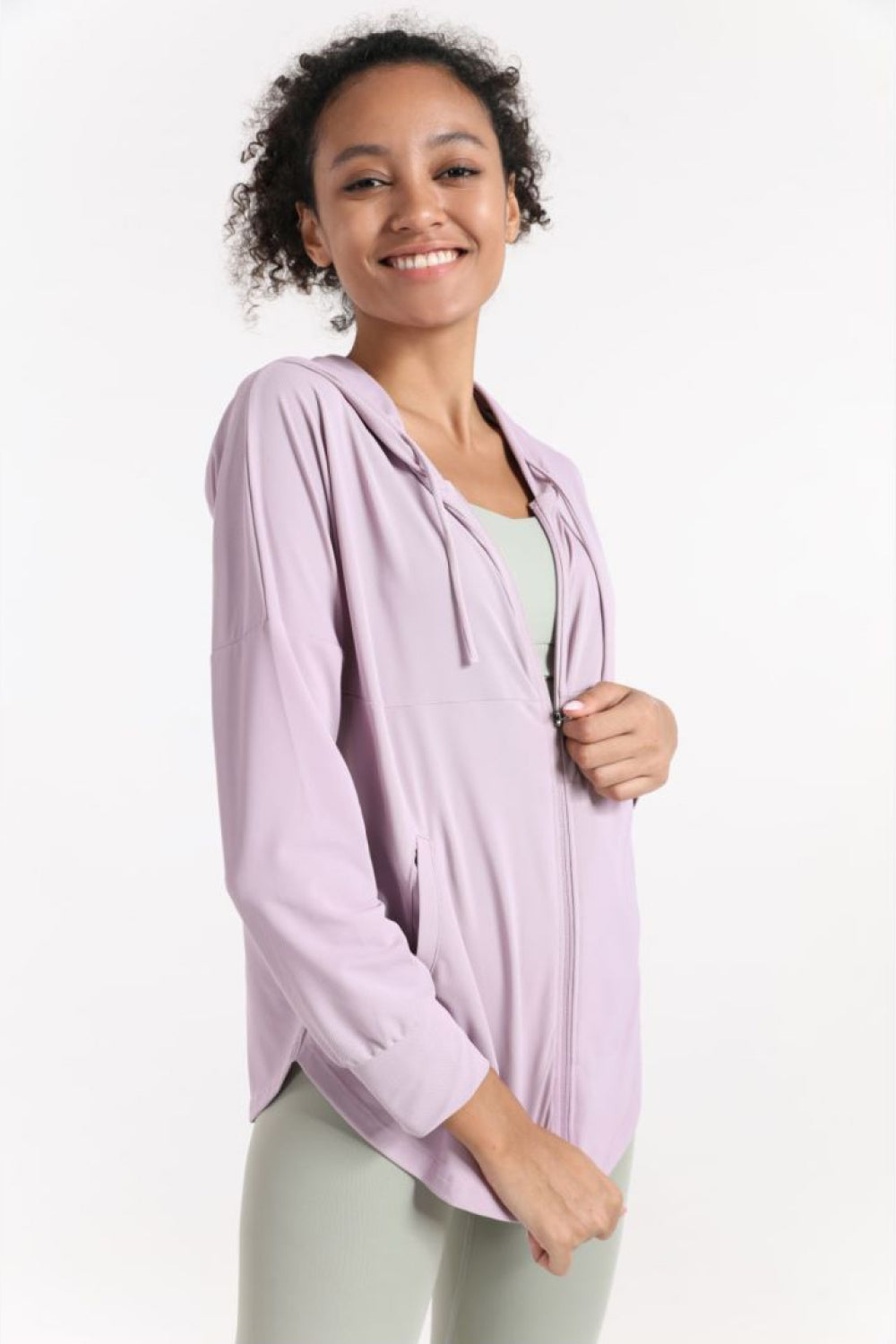 Curved Hem Drawstring Hooded Sports Jacket - Lamoille Yoga