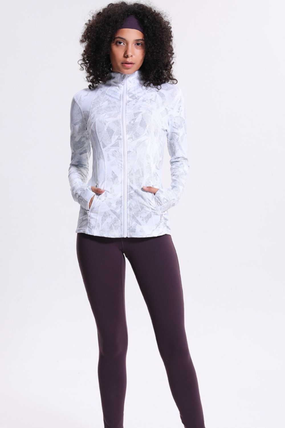 Printed Zip Up Thumbhole Sleeve Sports Jacket - Lamoille Yoga
