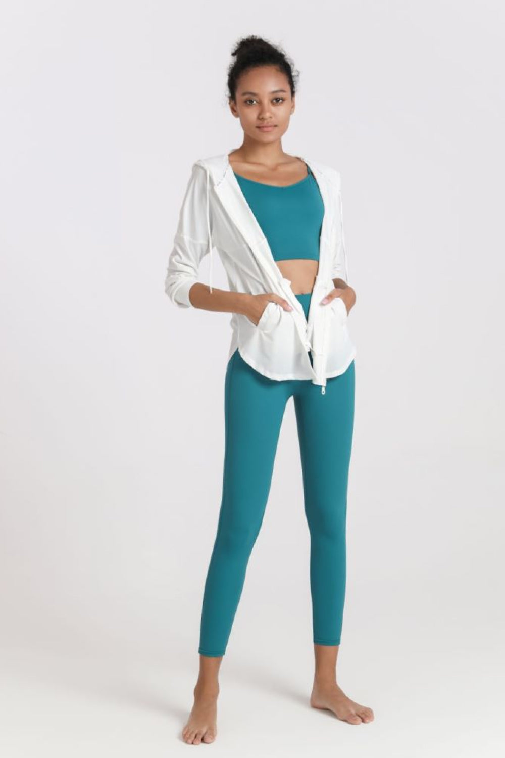 Curved Hem Drawstring Hooded Sports Jacket - Lamoille Yoga